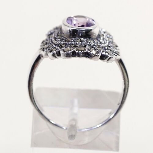 Sz 8, Sterling Silver handmade Ring, 925 Silver W/ amethyst n marcasite
