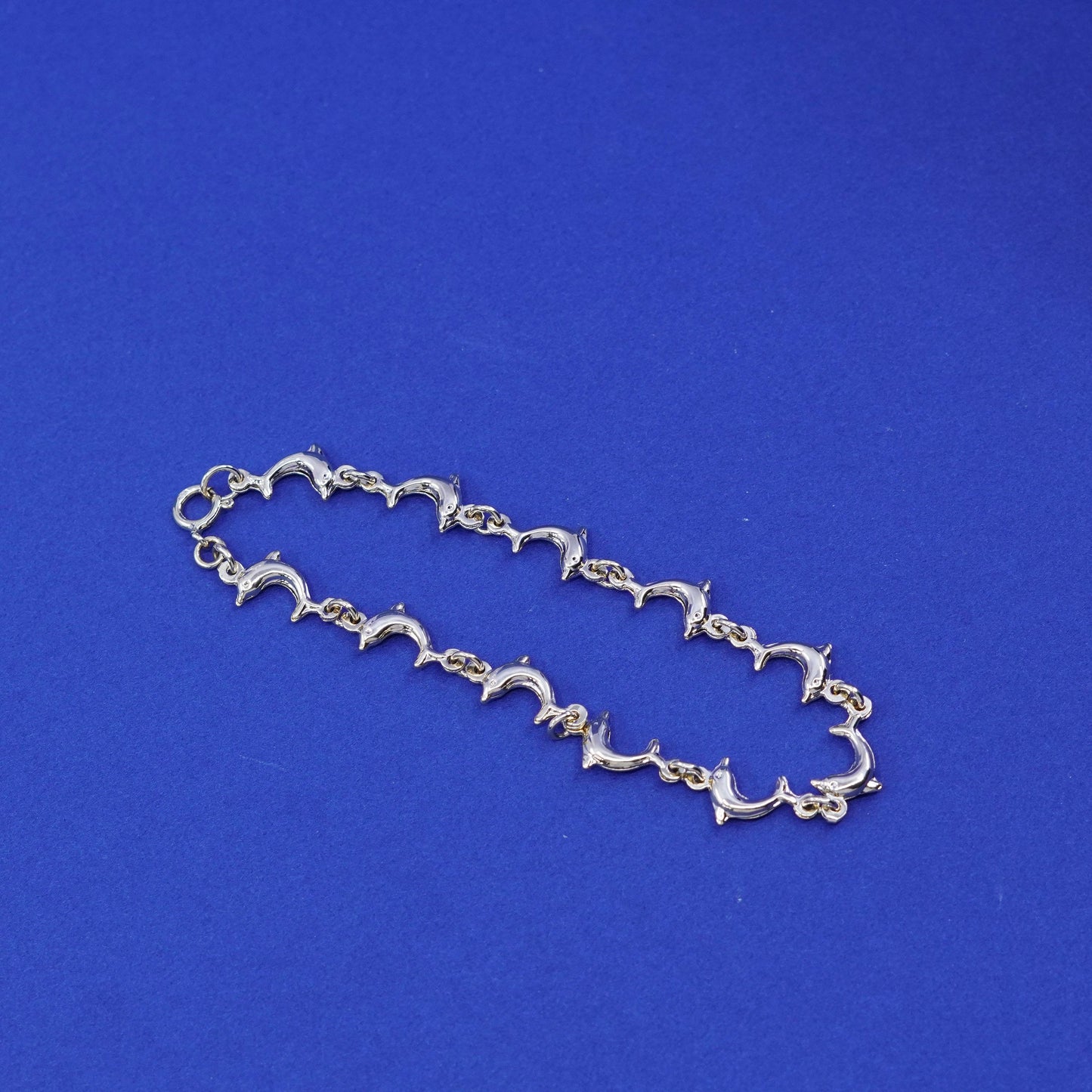7”, vintage vermeil, gold over sterling silver tennis bracelet, 925 dolphin chain