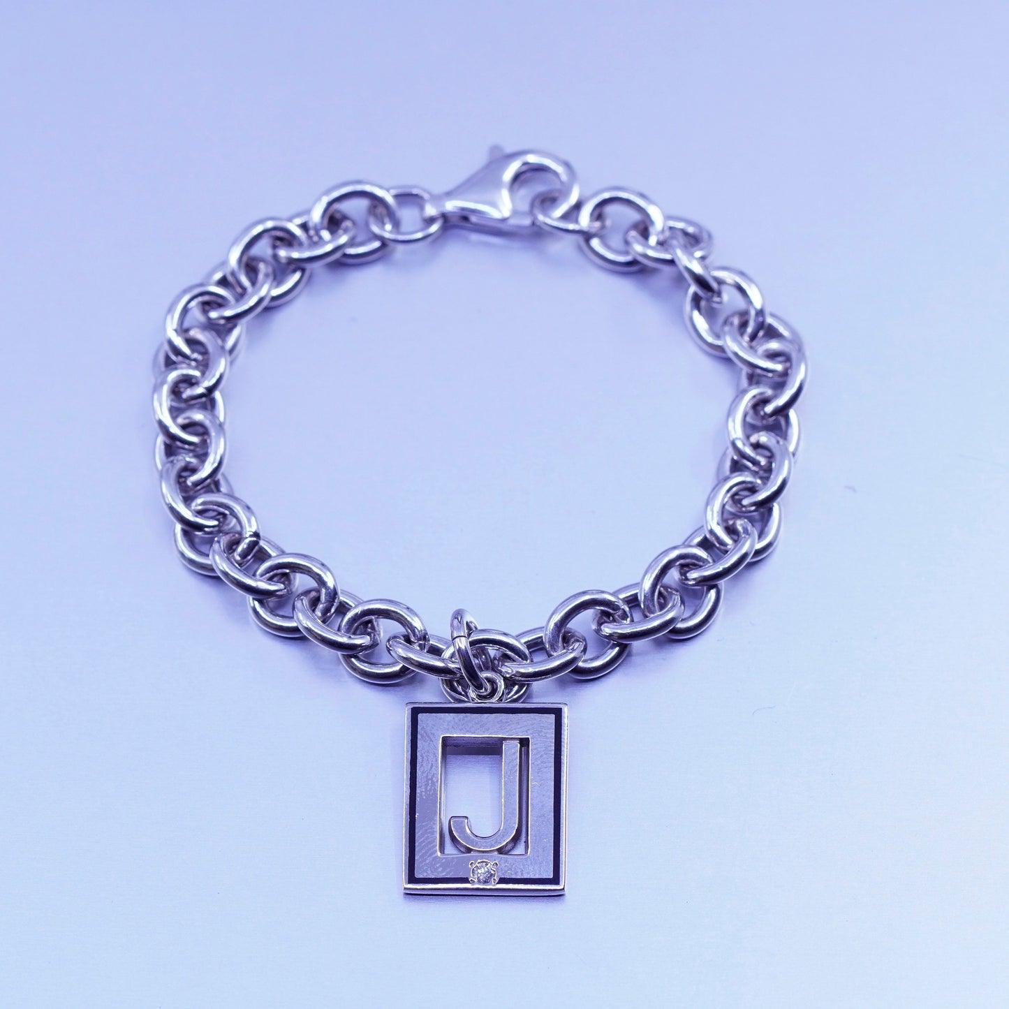 6.75”, Sterling silver bracelet, 925 bold circle chain with initial “J” charm