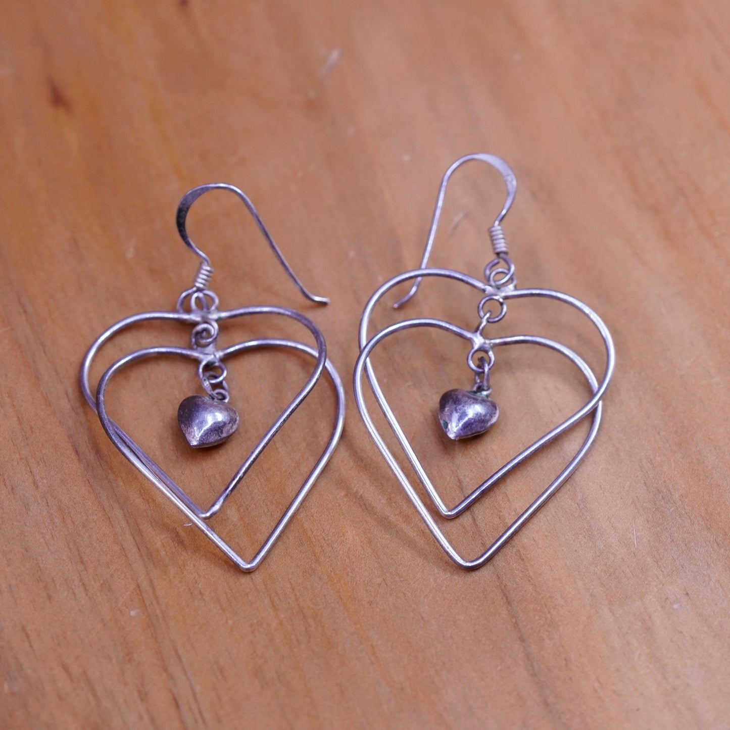 Vintage Sterling silver handmade earrings, 925 double heart