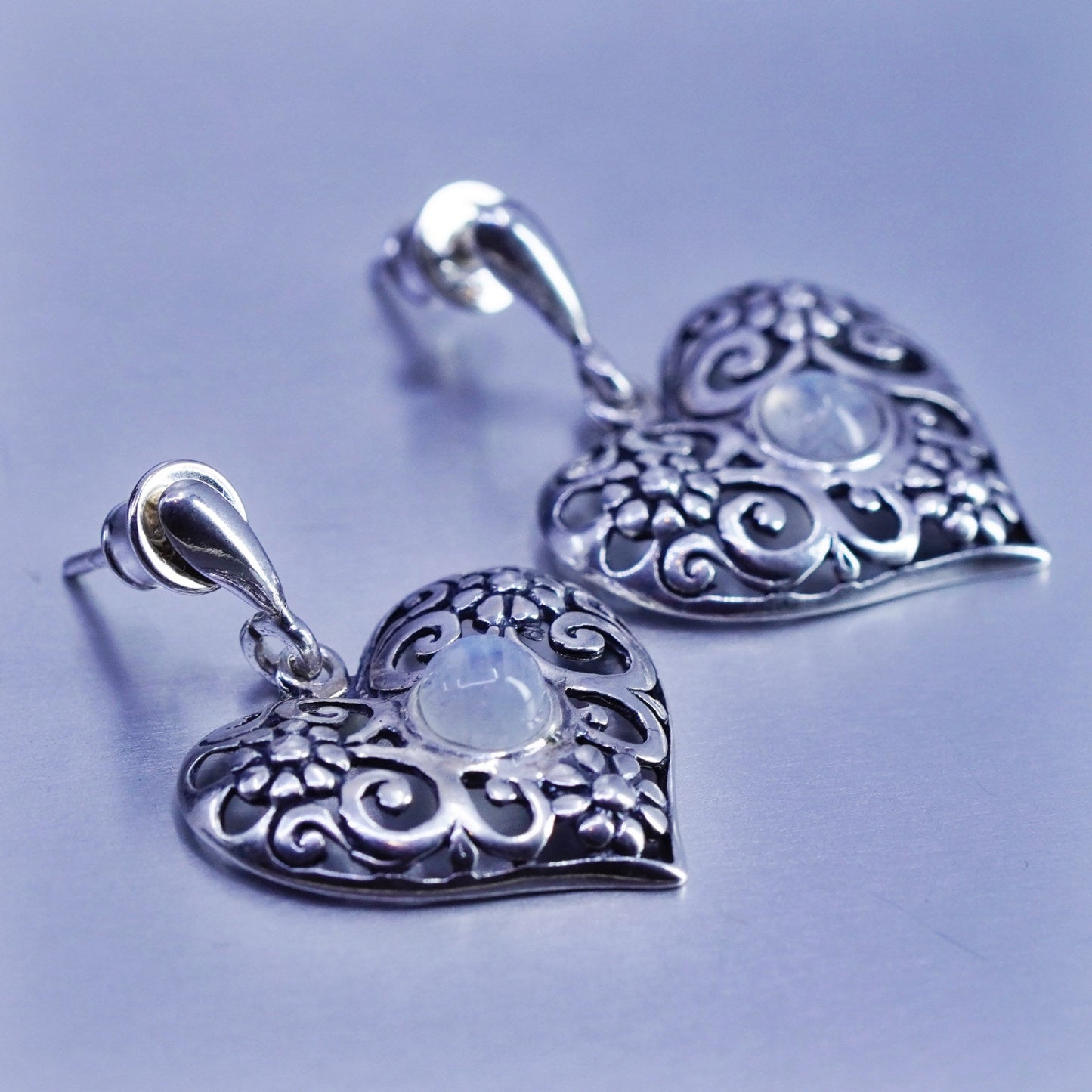 Vintage Sterling 925 silver handmade filigree heart earrings with moonstone