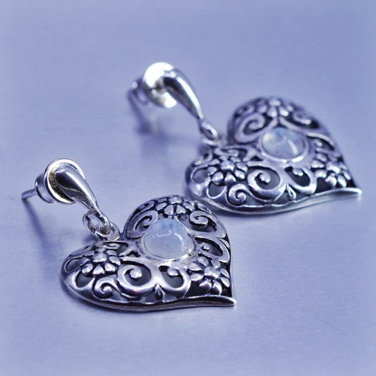 Vintage Sterling 925 silver handmade filigree heart earrings with moonstone