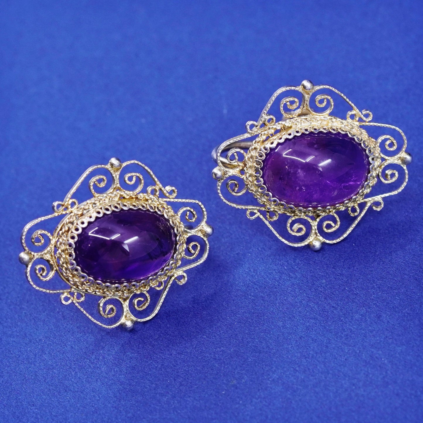 vermeil Sterling silver handmade earrings gold 925 filigree screw back amethyst