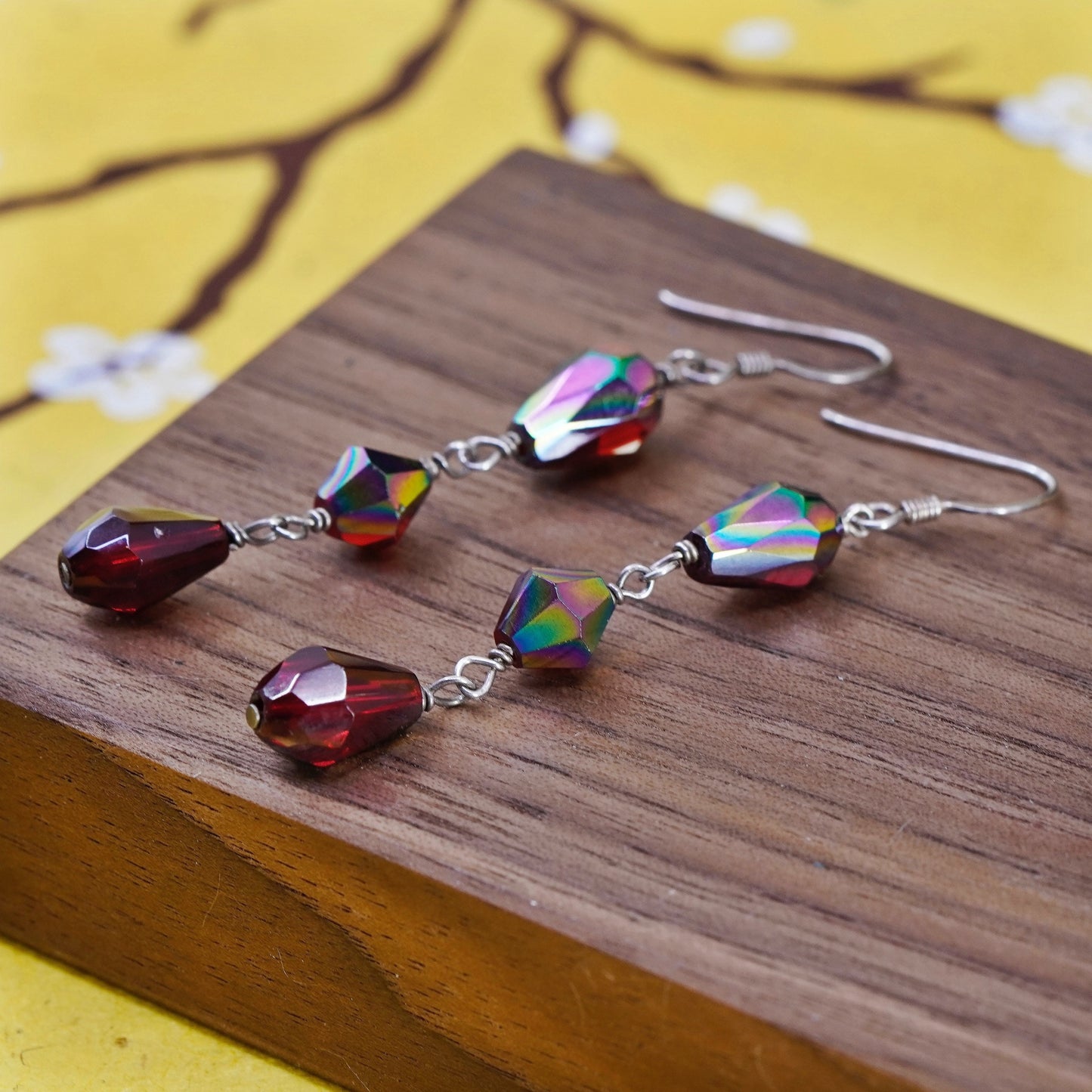 Vintage Sterling 925 silver handmade dangles with red crystal beads