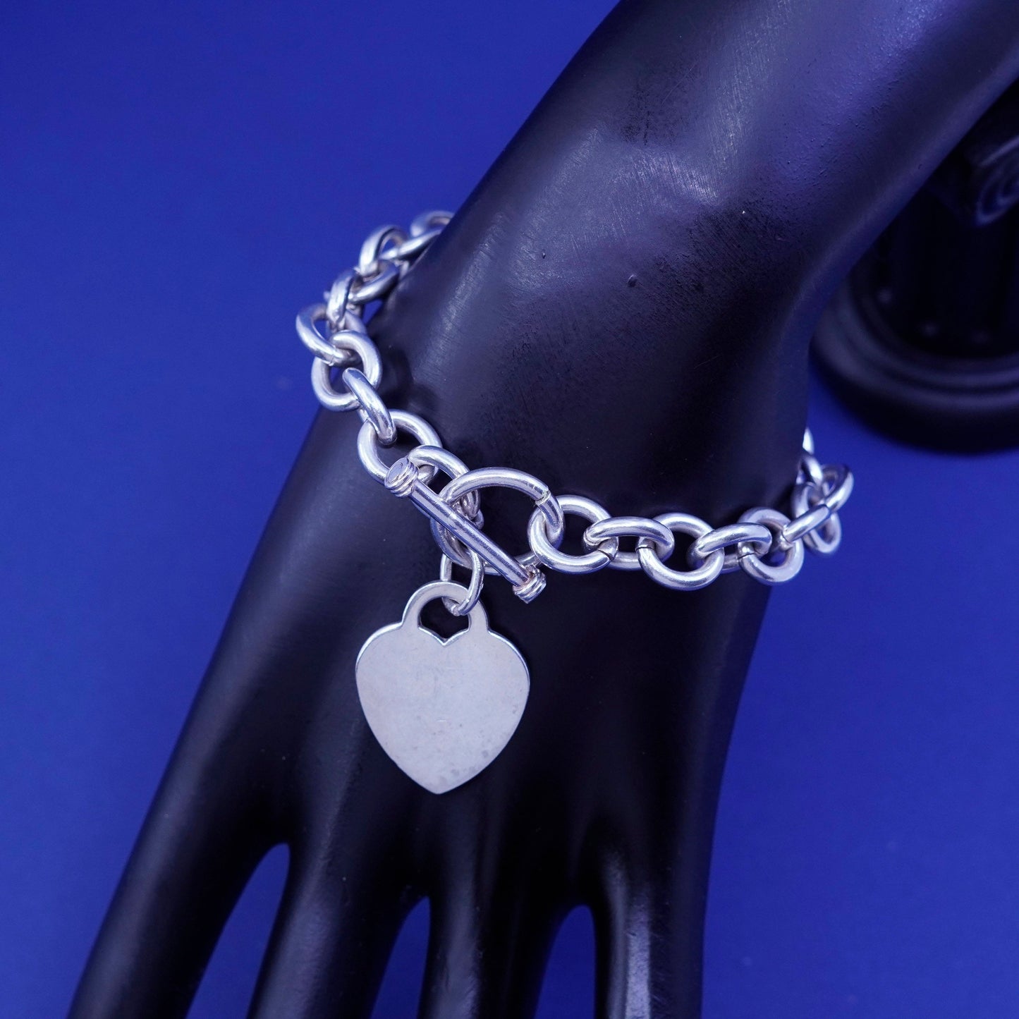 6.25”, vintage Sterling silver bracelet, 925 bold circle chain heart tag charm