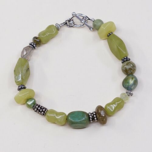 6.5”, Vintage Sterling Silver Handmade Bracelet, 925 Silver W/ Jade N Crystal
