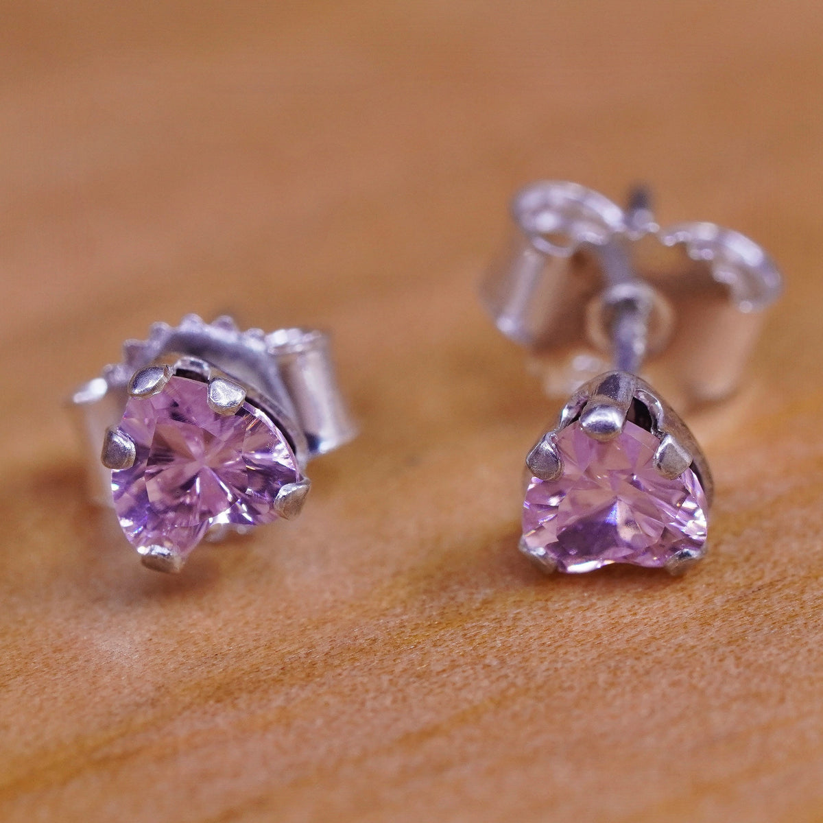 Vintage Sterling silver handmade earrings, 925 heart studs with pink cz