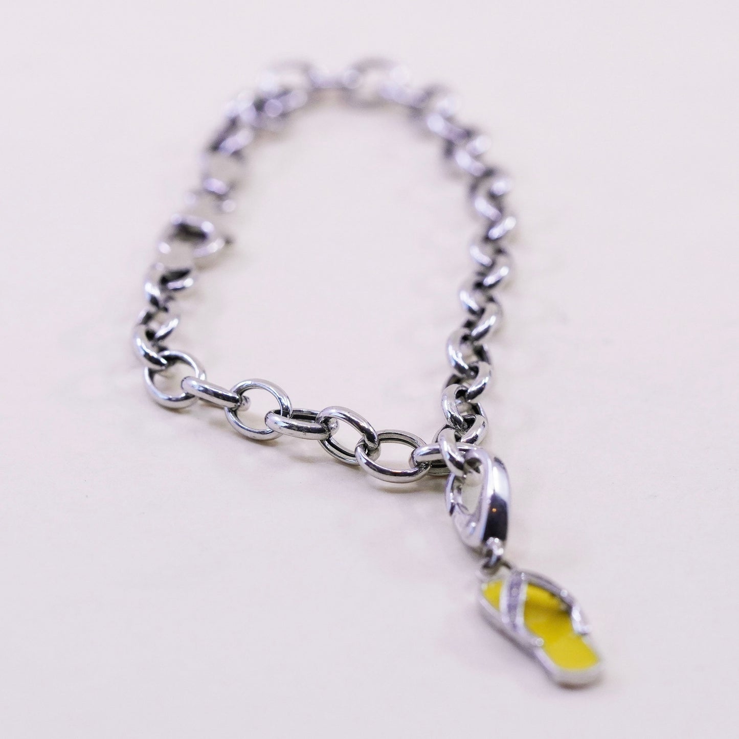 7”, Vintage sterling silver handmade bracelet, 925 oval link chain sandal charm