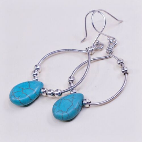 Vtg Hoops handmade Sterling 925 Silver Earrings w/ Teardrop turquoise