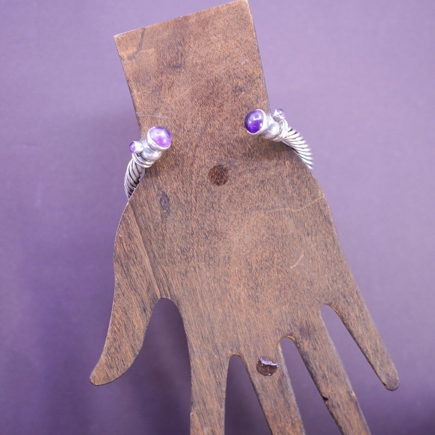 8.5”, vintage Sterling silver handmade bracelet, 925 cable cuff with amethyst