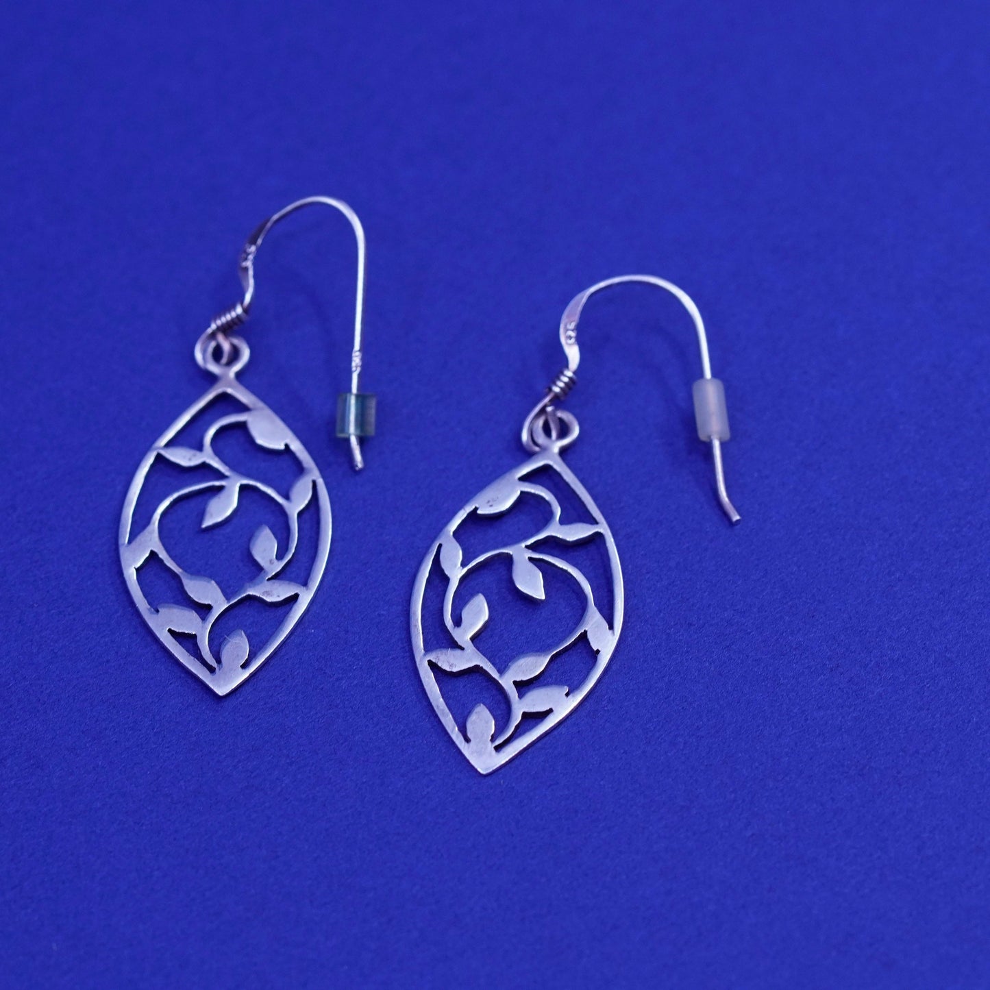 Vintage sterling silver handmade earrings, 925 marquise drops with leaf cutout