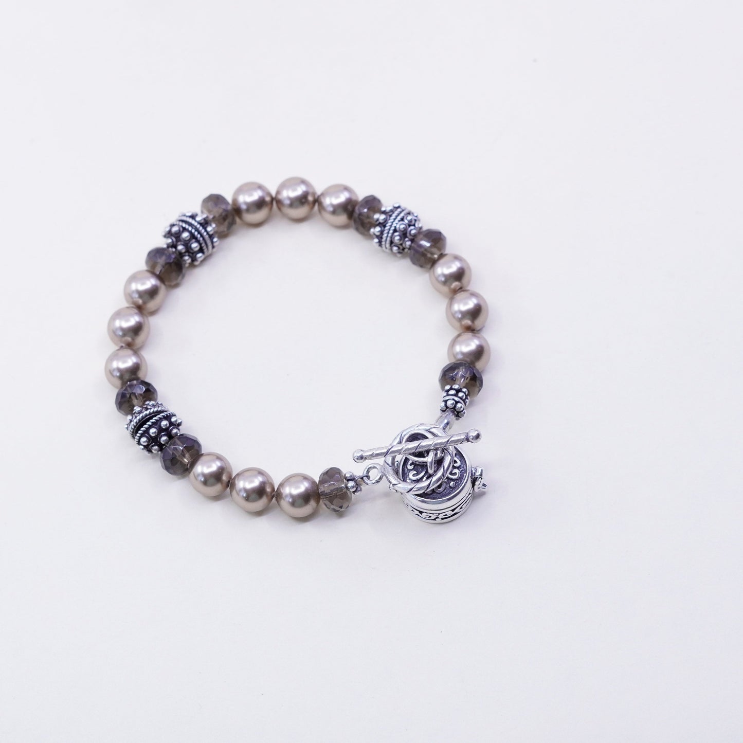 7”, Sterling silver handmade bracelet, 925 beads faux pearl smoky topaz beads