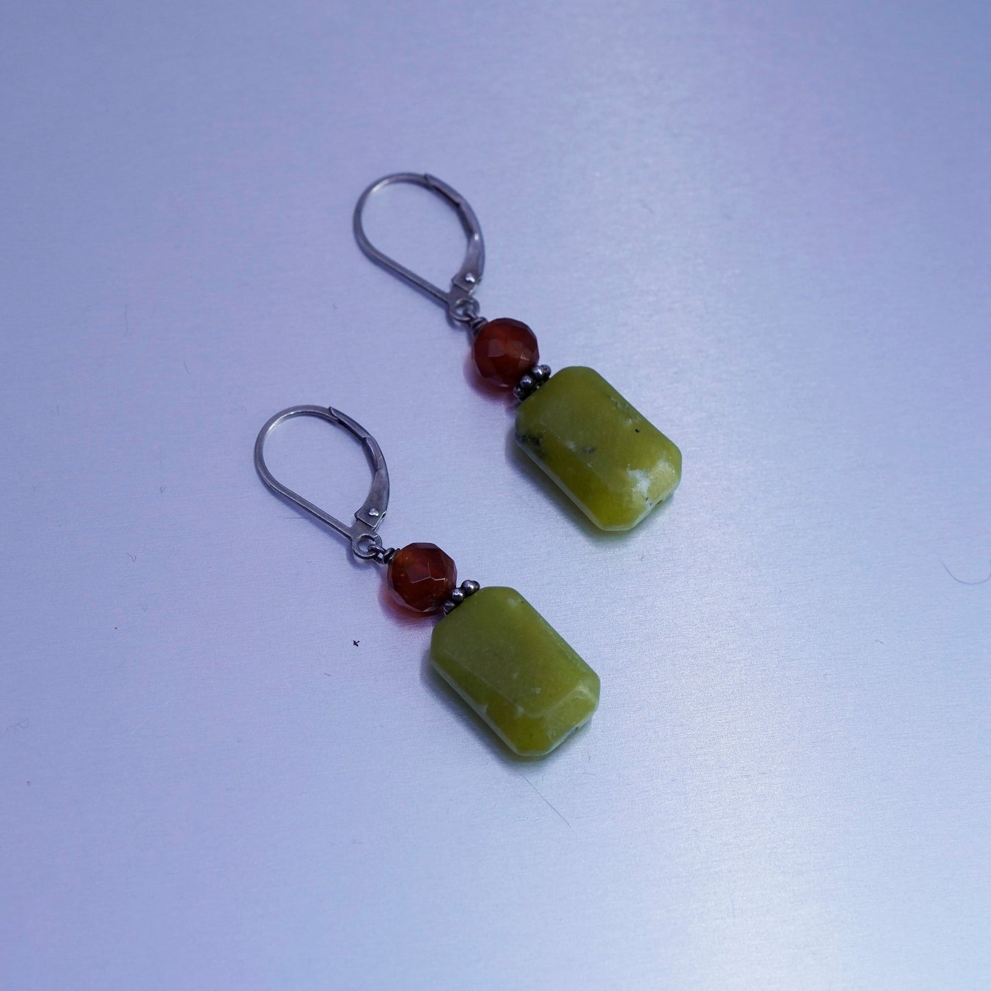 Vintage Sterling 925 silver handmade earrings with jade and carnelian beads