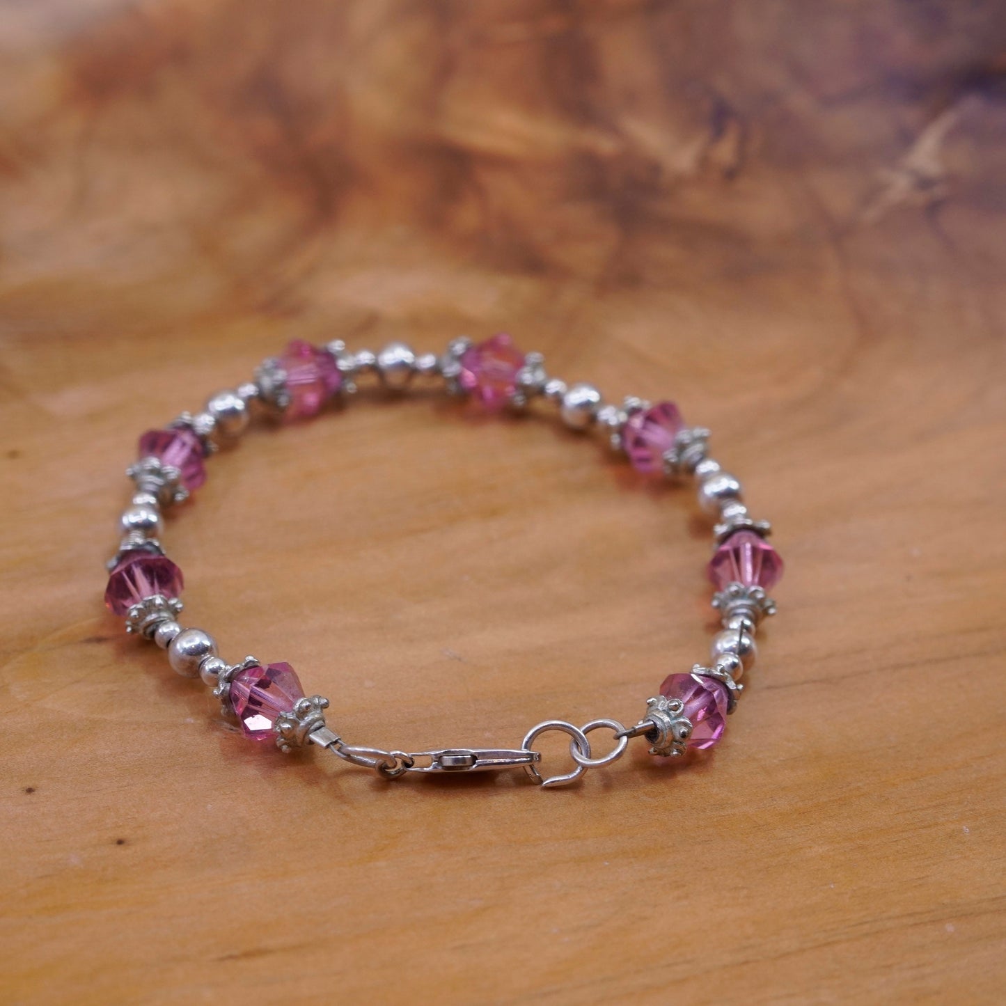 7”, Vintage Sterling silver handmade bracelet, 925 beads with pink crystal