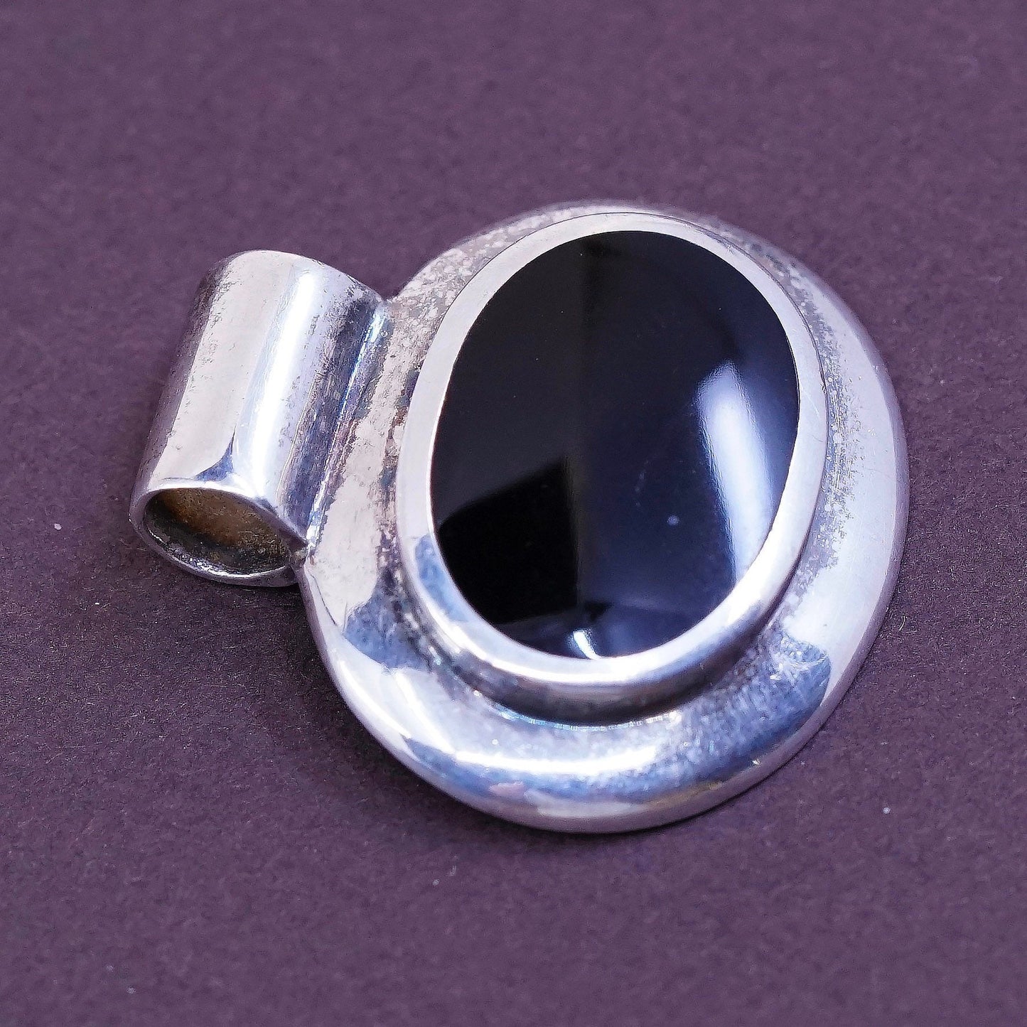 vtg Sterling silver handmade pendant, Mexico 925 w/ oval obsidian, black onyx