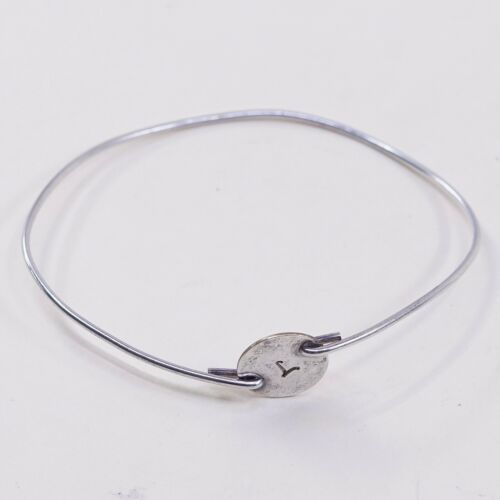 7.5”, Vtg Roggio Sterling Silver Handmade Bracelet, 925 bangle W/ Initial L Disc