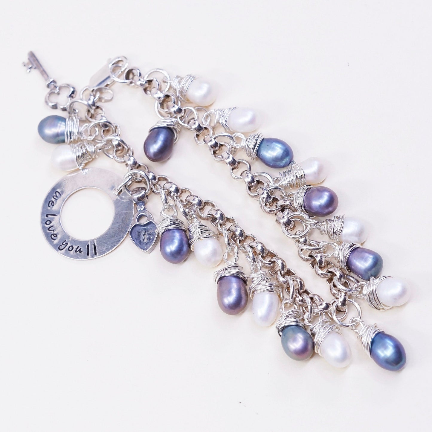 7”, vtg sterling 925 silver handmade bracelet w/ pearl N “we love you” charm
