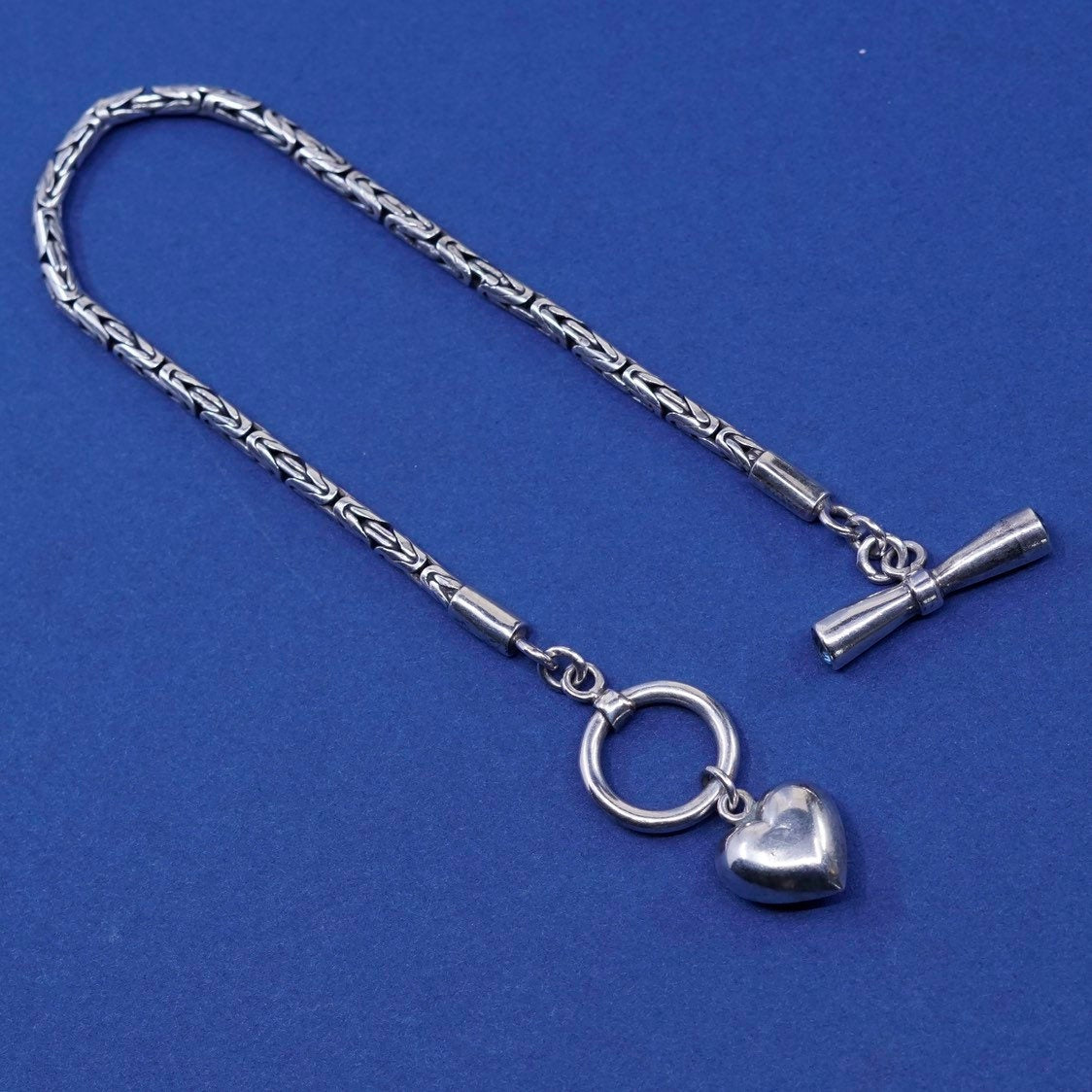 7", Sterling silver 925 Byzantine, birdcage bracelet w/ heart charm N peridot