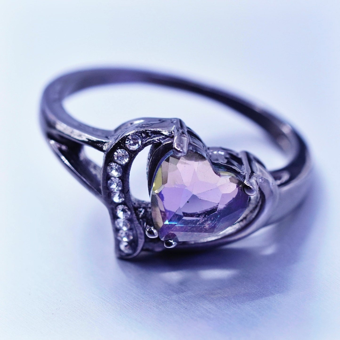 Size 10.25, vintage Sterling 925 silver handmade oxidized ring amethyst and Cz