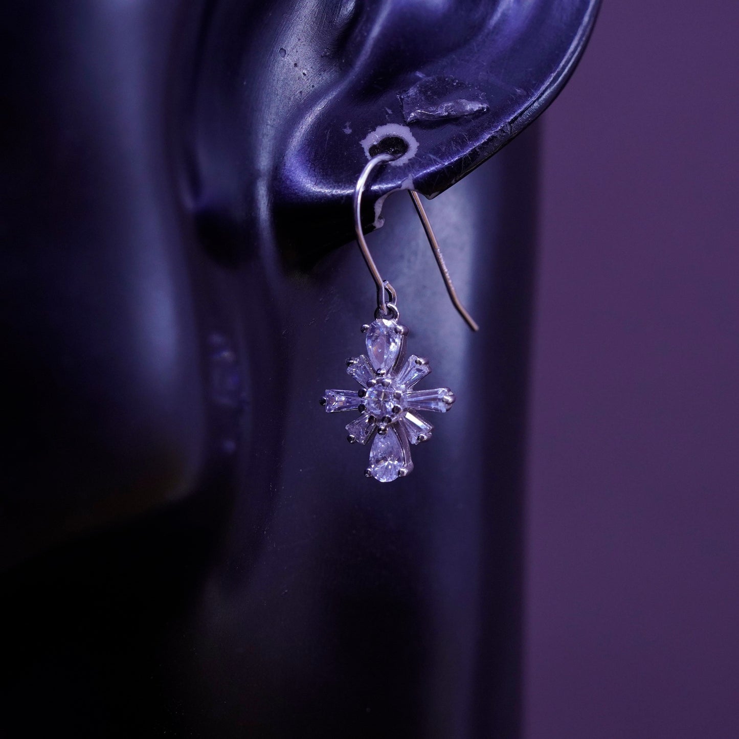 Vintage Sterling silver handmade earrings, 925 snowflake drops with cz