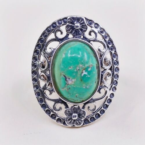 Sz 7, Vtg Thailand Handmade Sterling 925 Filigree W/ Turquoise Statement Ring
