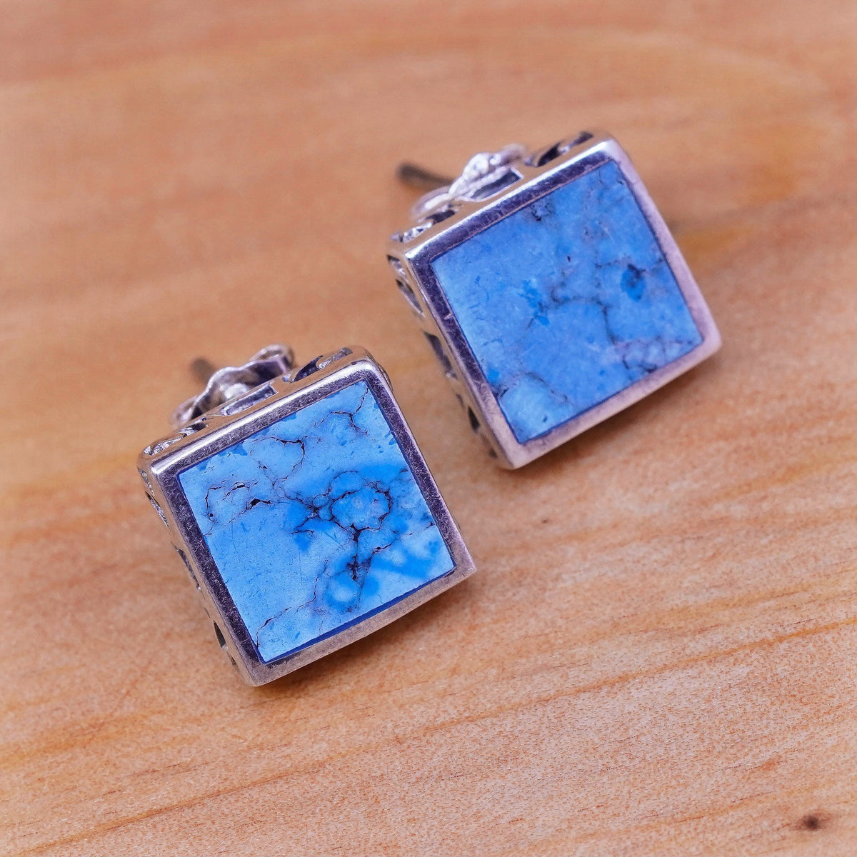 Sterling silver handmade earrings, southwestern 925 square with turquoise studs