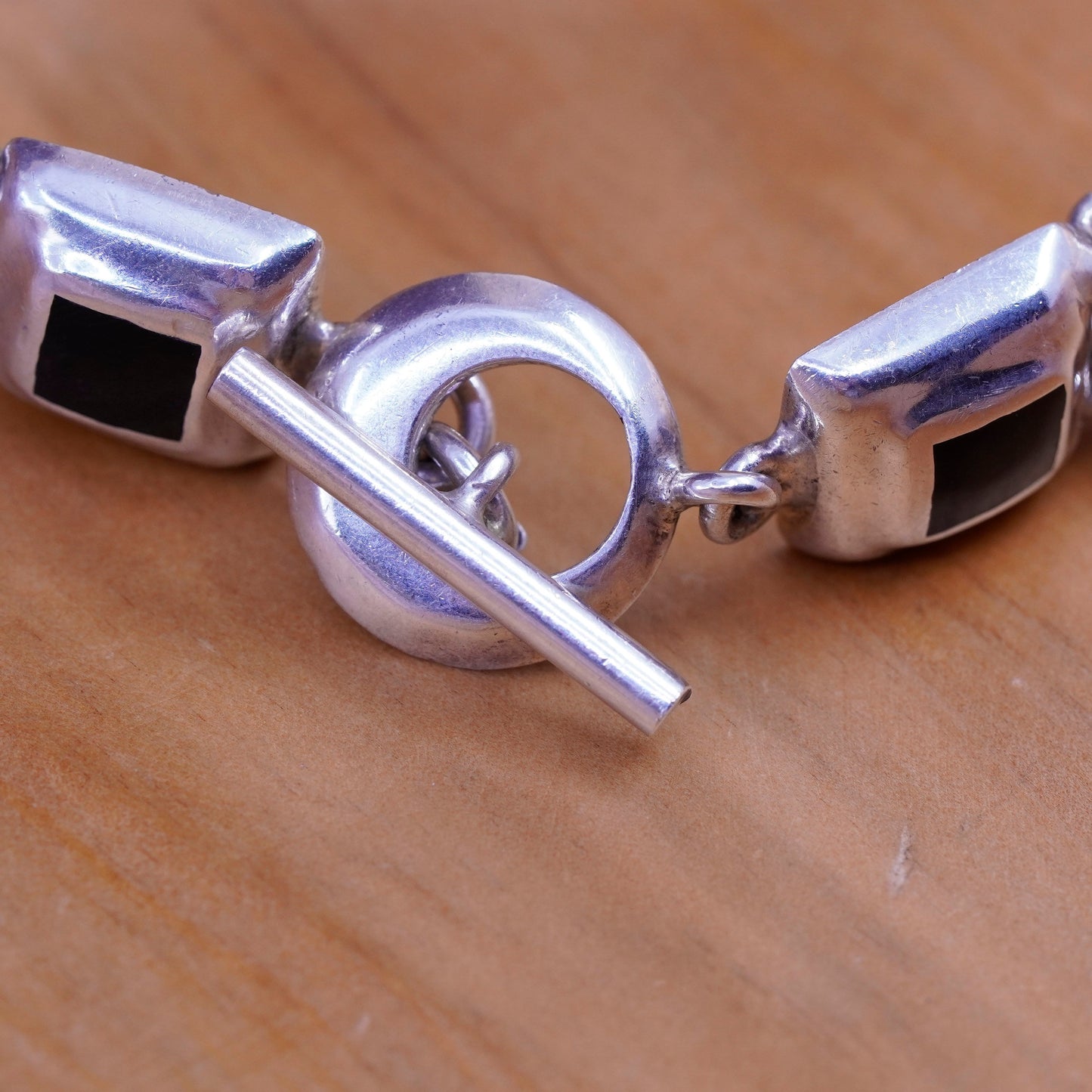 7”, Sterling silver handmade bracelet, Mexico 925 circle square chain with onyx