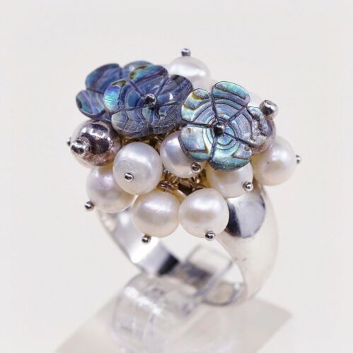 Sz 8.5, vintage Sterling 925 Silver Ring W/ Abalone flower N cluster Pearl