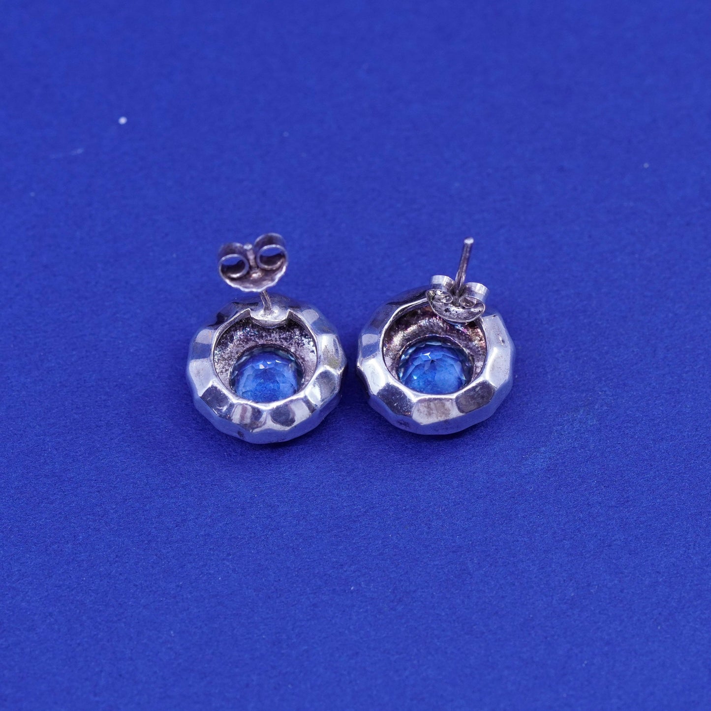Vintage Milor sterling silver handmade earrings, round hammered 925 studs topaz