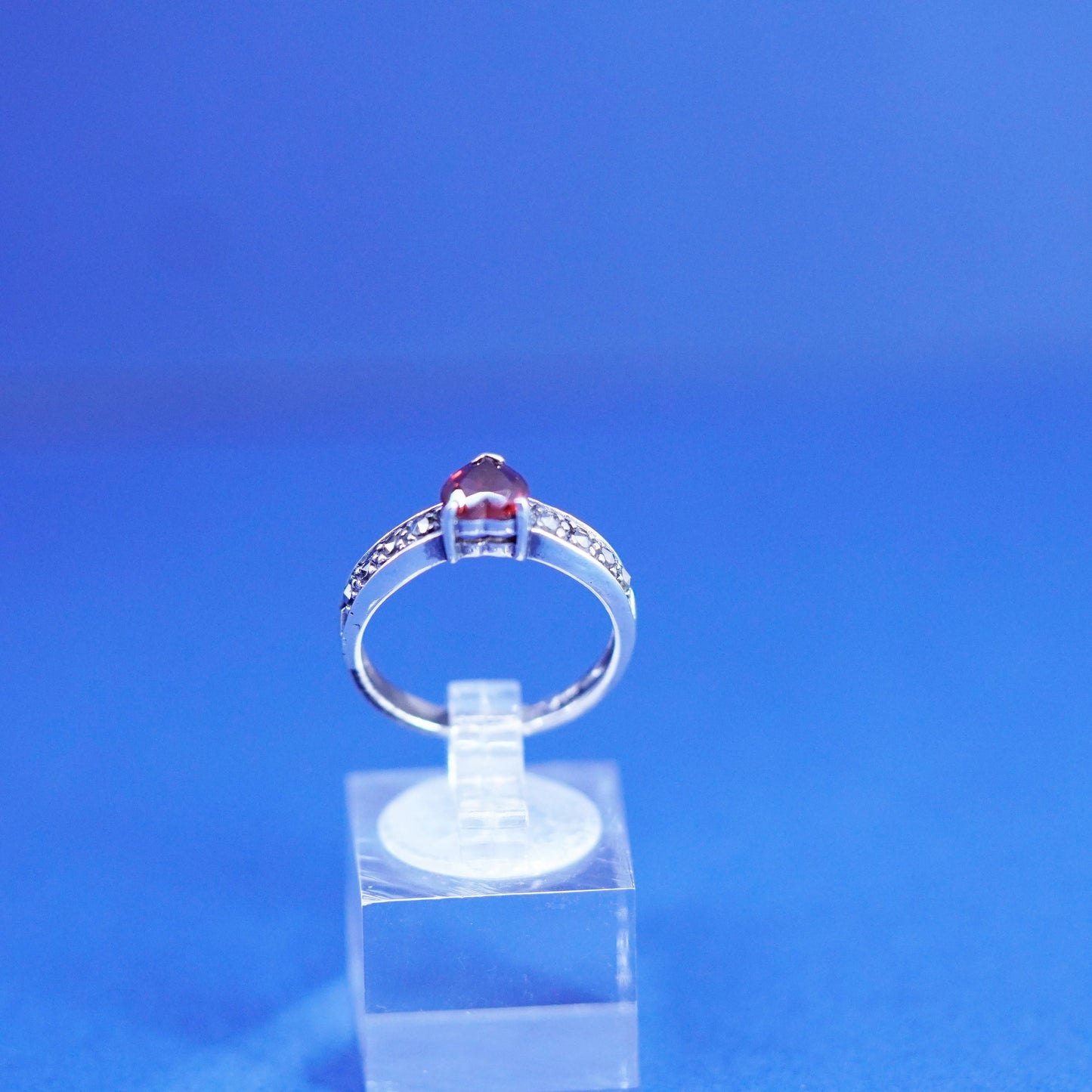 Size 7.25, Sterling silver handmade ring, 925 stackable band heart marcasite