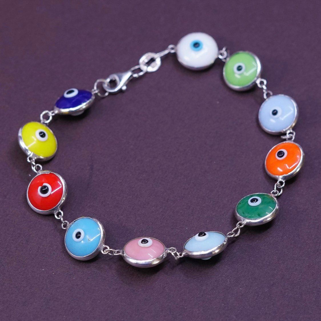 7", vtg sterling silver handmade chain, 925 evil eye bracelet, stamped 925