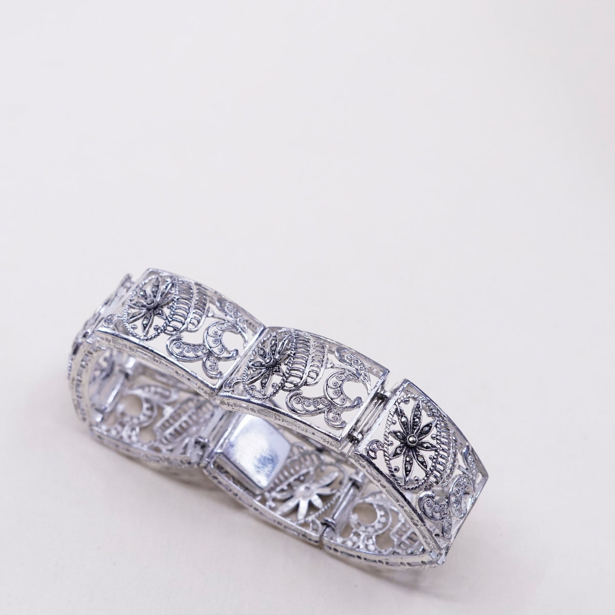 7”, vtg Sterling 800 Silver chain, tennis Bracelet w/ filigree marcasite flower