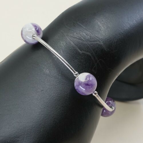 6”, Vtg Sterling 925 Silver Bar Bracelet W/ Amethyst Beads N Elastic Band