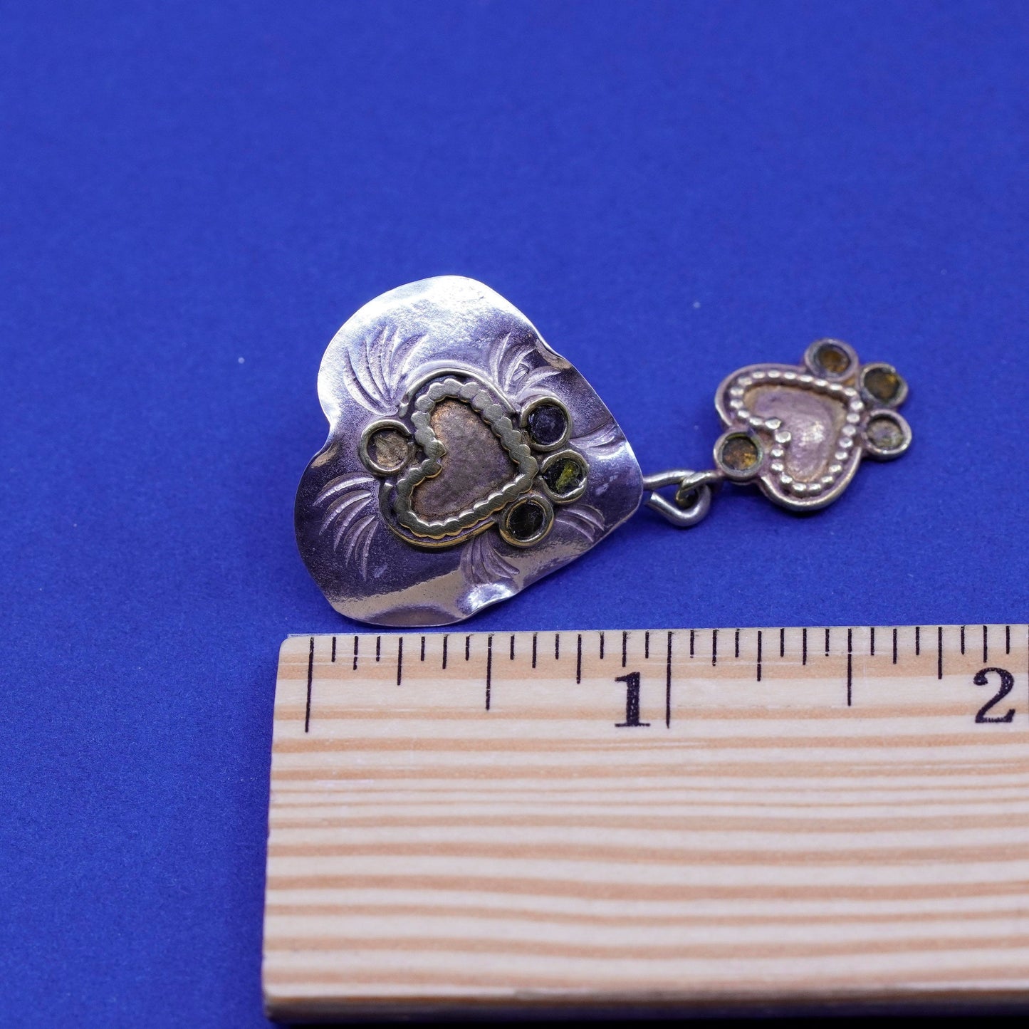 two tone Sterling silver handmade earrings, 925 heart studs brass trim dangle