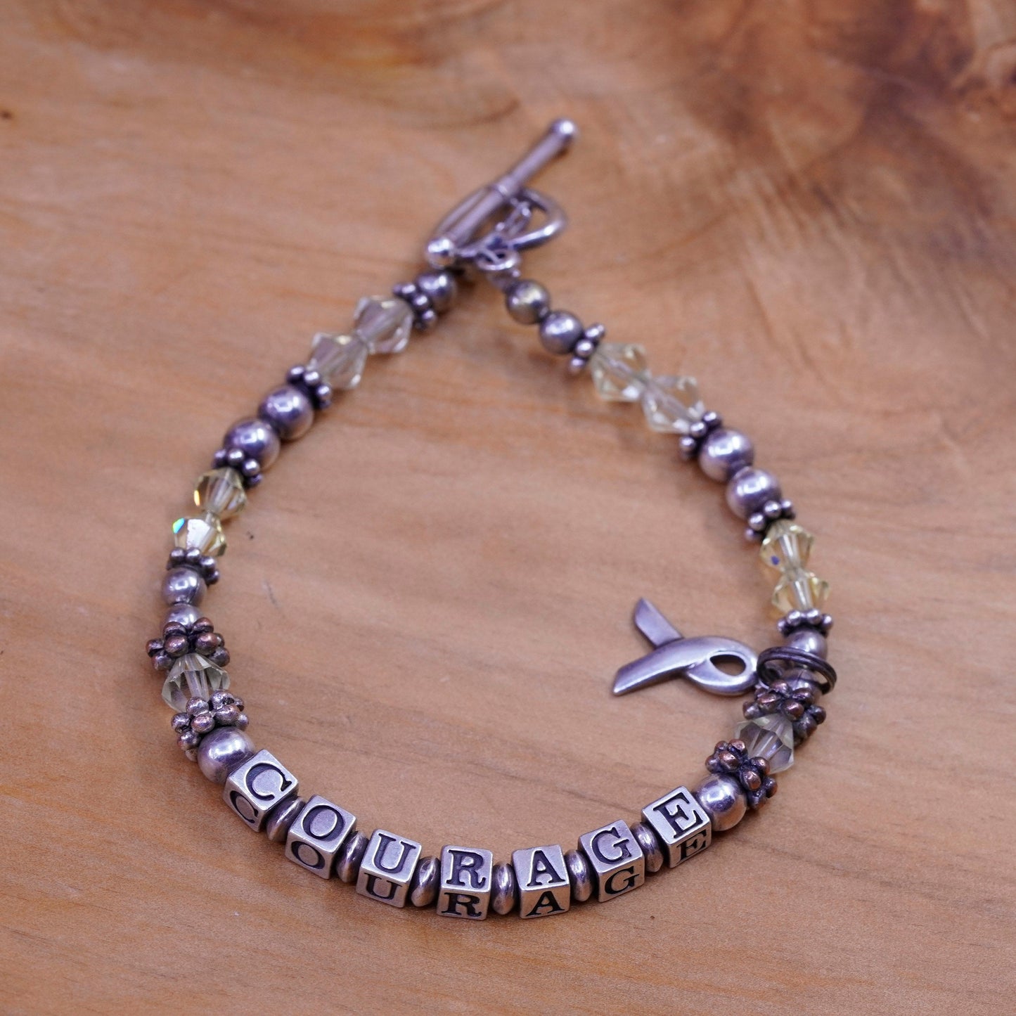 7”, Sterling 925 silver bracelet amethyst beads “courage cubes and ribbon charm