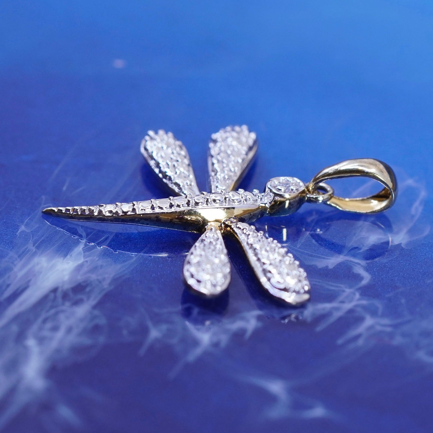 Vintage vermeil gold over Sterling silver 925 dragonfly pendant genuine diamond