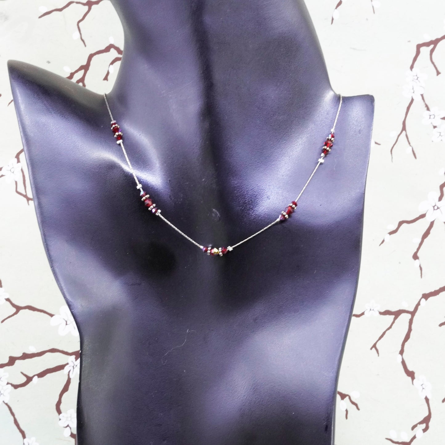 16”, vintage Sterling silver necklace, Italy 925 snake chain with garnet beads