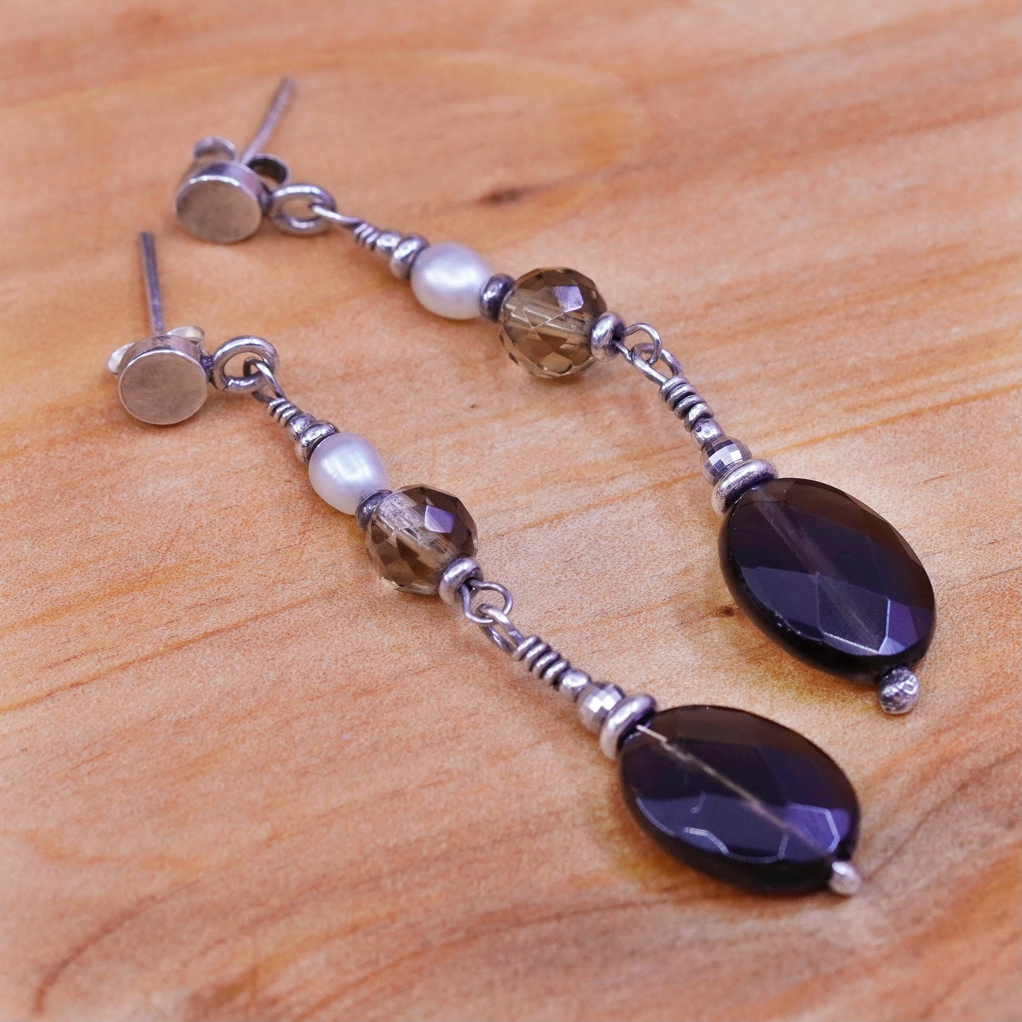Vintage Sterling 925 silver handmade earrings with oval smoky topaz and pearl