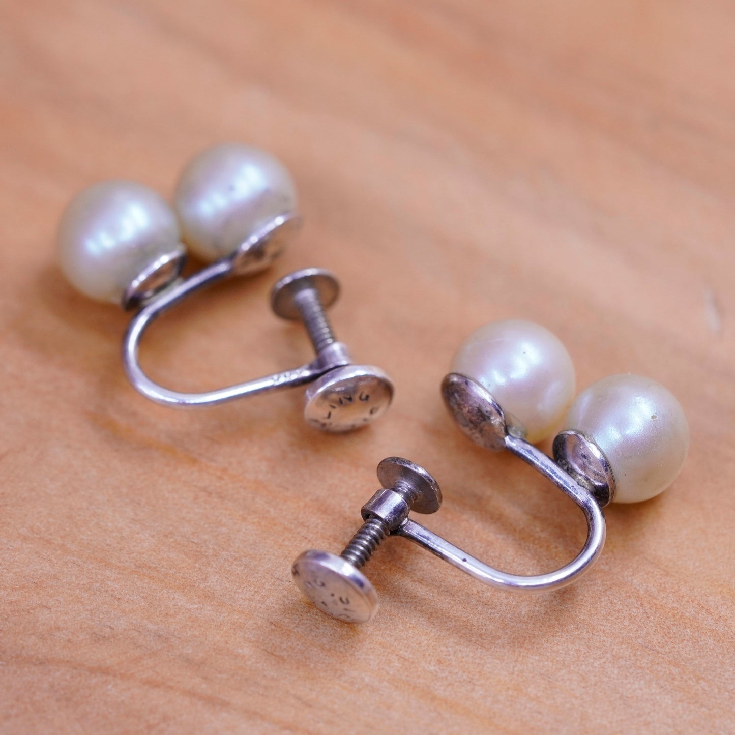 vtg Richelieu Sterling silver screw back handmade earrings, 925 pearl dangles