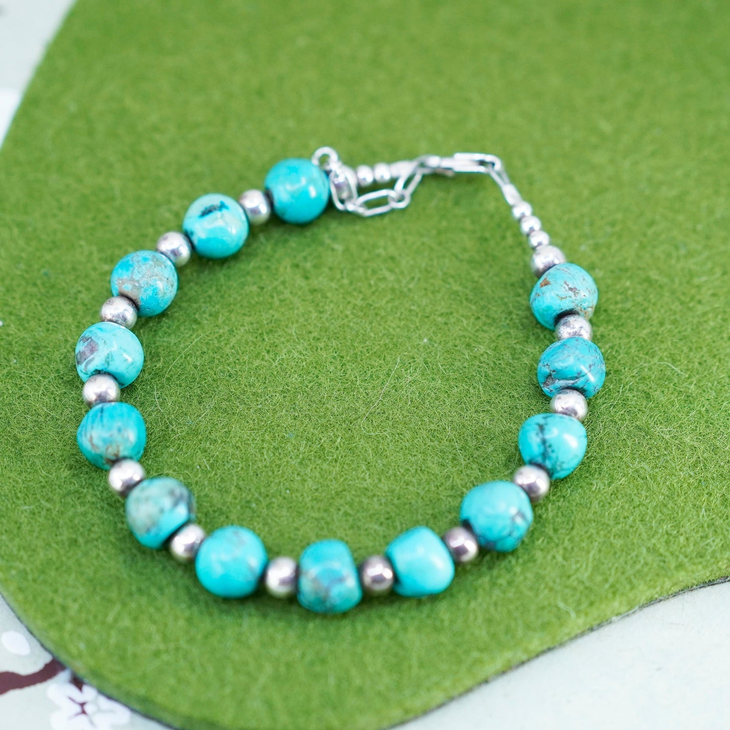 7+1”, southwestern Sterling 925 silver handmade bracelet with turquoise beads