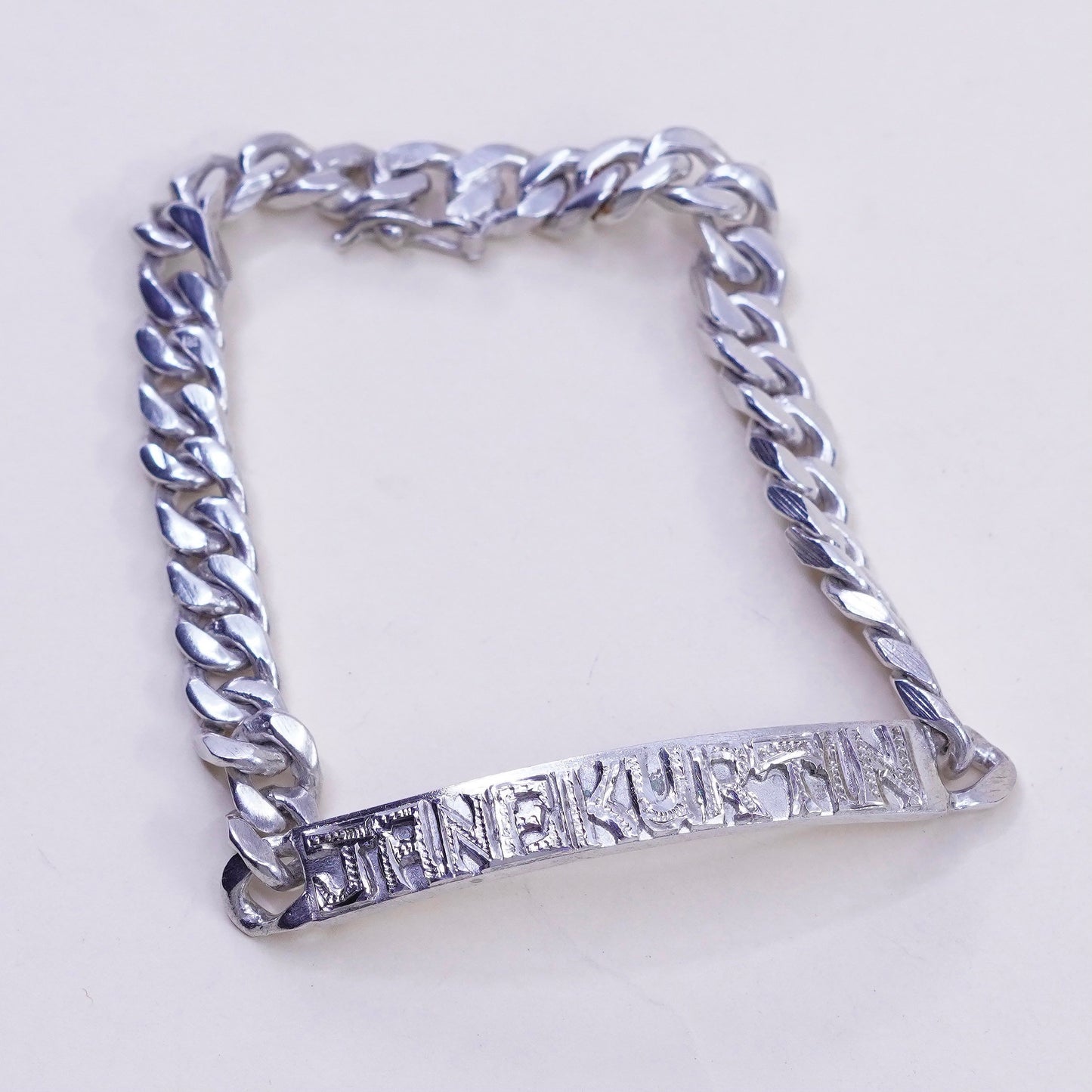 7.5”, Sterling silver handmade bracelet, 925 curb chain name tag jane kurtin