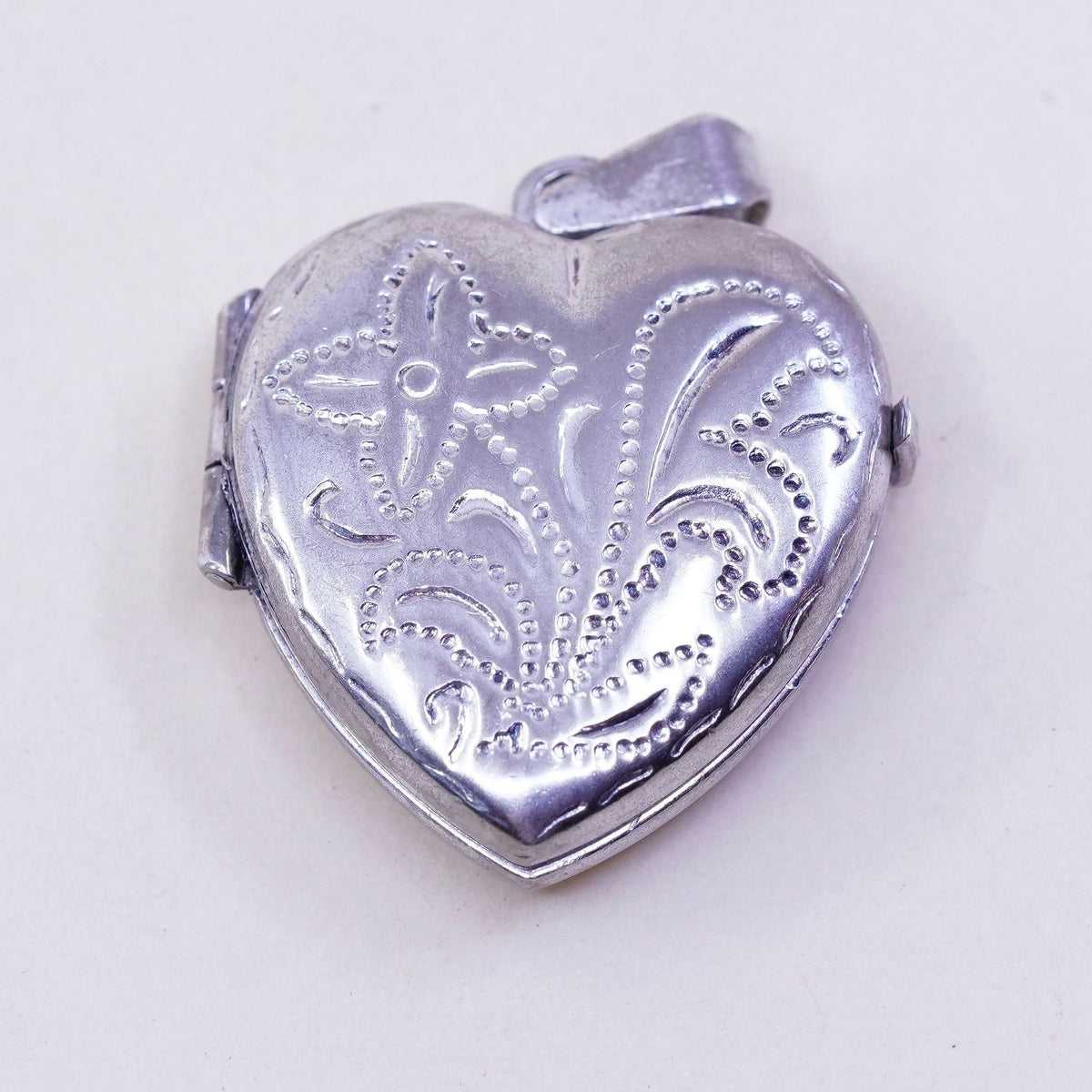 Vintage sterling silver photo locket charm pendant, textured 925 heart
