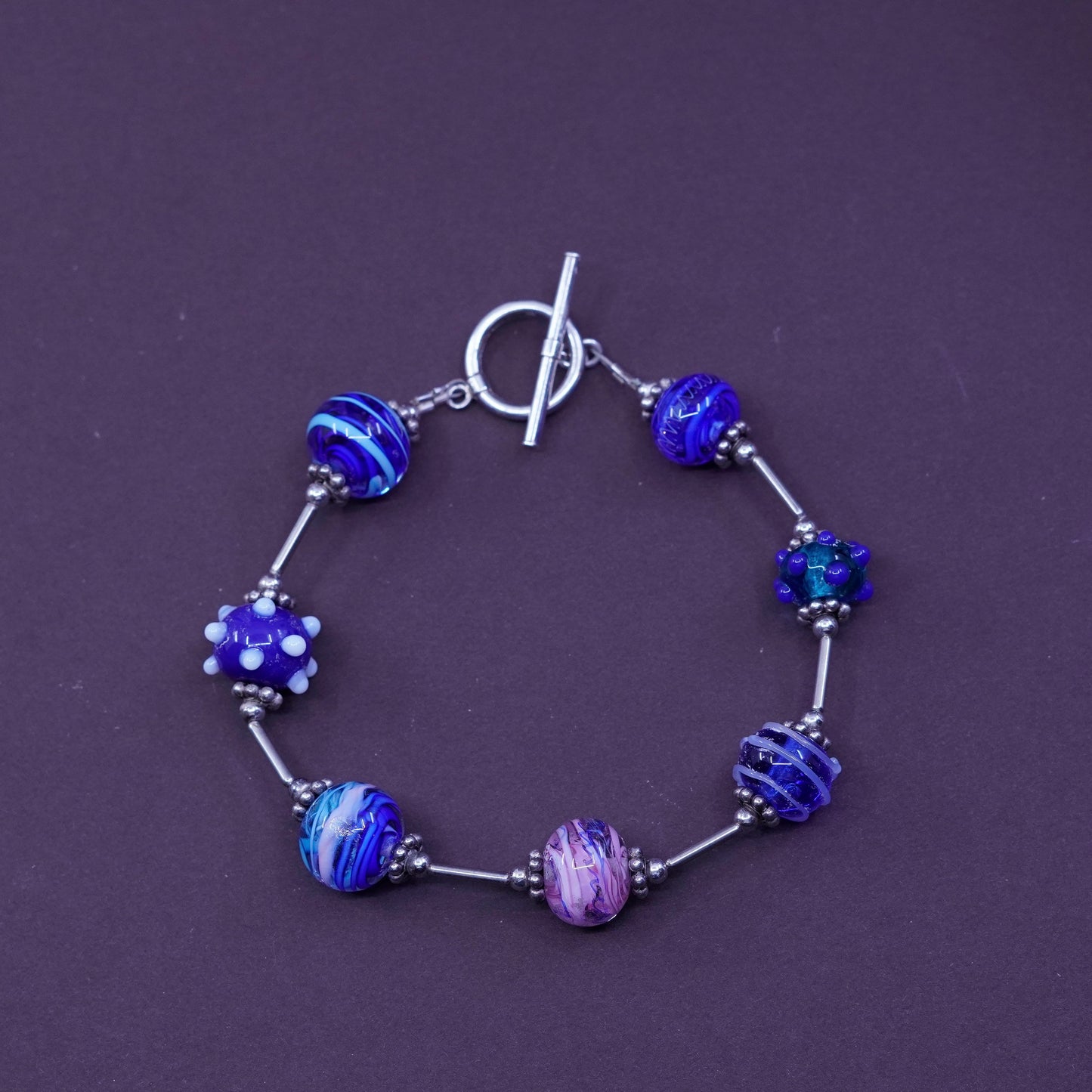 7.25”, vtg sterling 925 silver bar chain with blue artisan glass bead bracelet