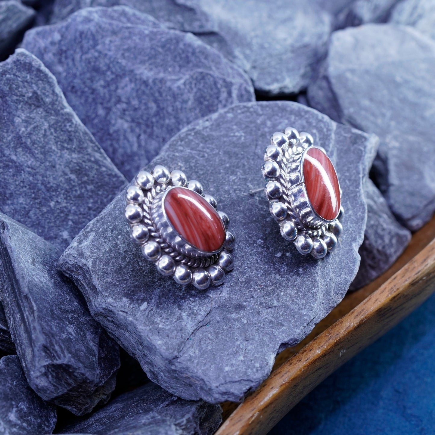 Vintage sterling silver handmade earrings, 925 oval studs with red agate beads