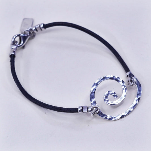 6”, Vintage Dana Sterling silver handmade bracelet, 925 hammered swirl leather