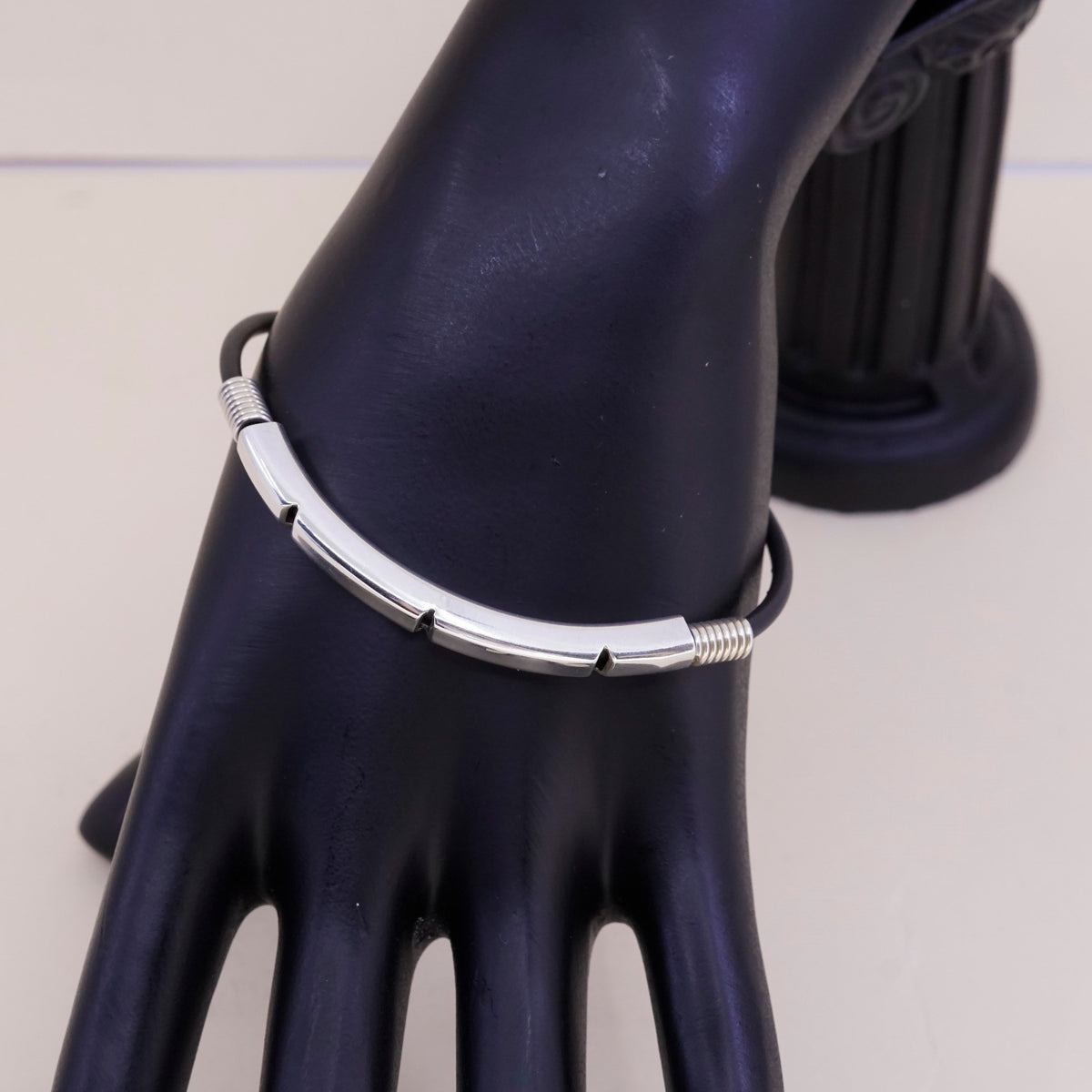 7”, Vintage black rubber chain with sterling 925 silver bar