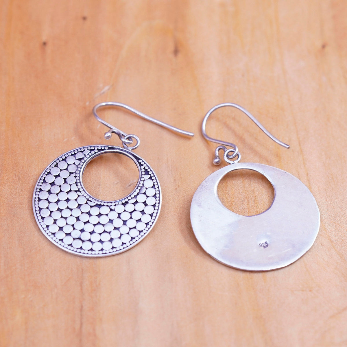 Vintage Sterling silver handmade earrings, 925 bead textured disc