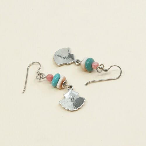 Vtg Southwestern handmade 925 Sterling Silver Earrings, Shell Dangles Turquoise