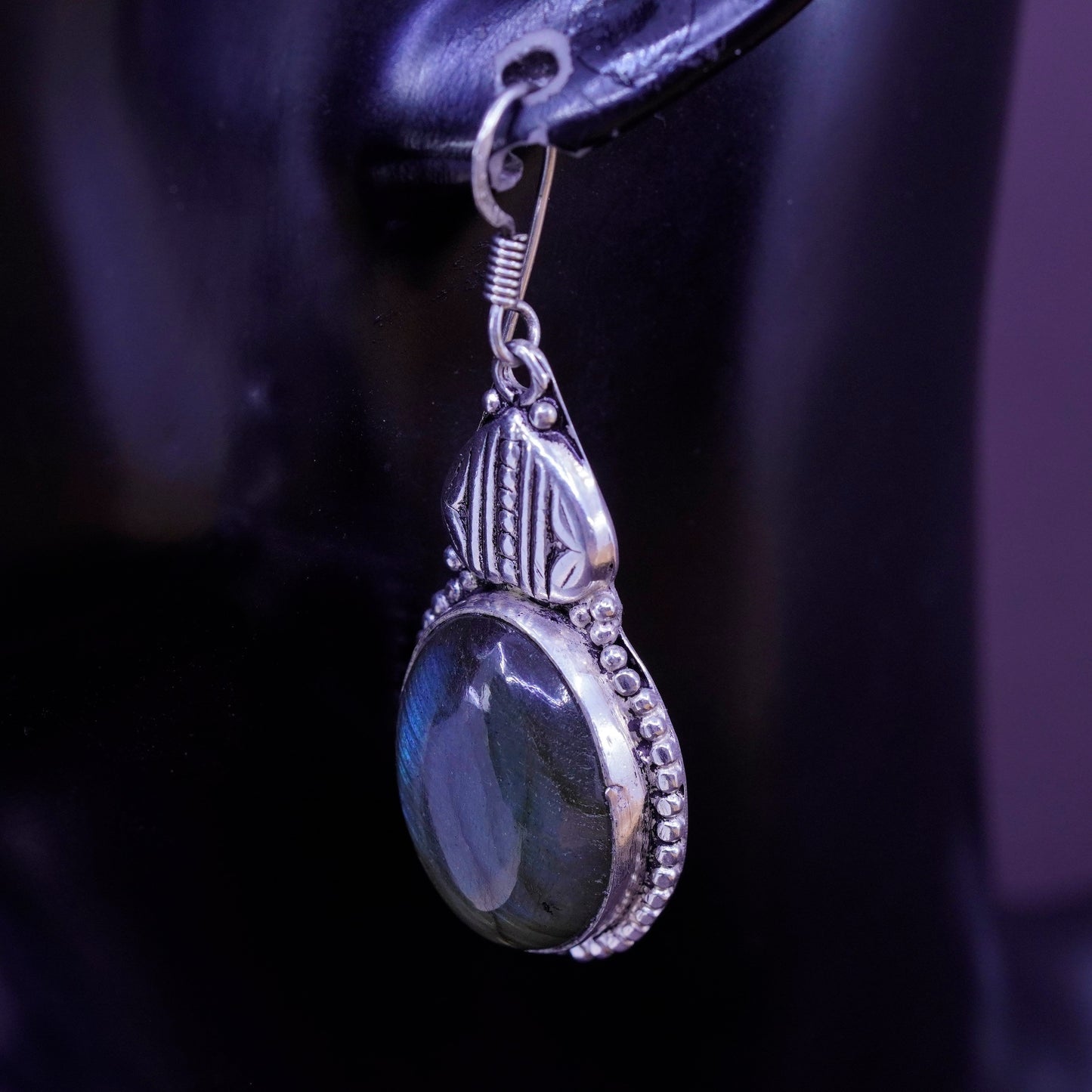 Vintage Sterling 925 silver handmade earrings with oval labradorite and beads