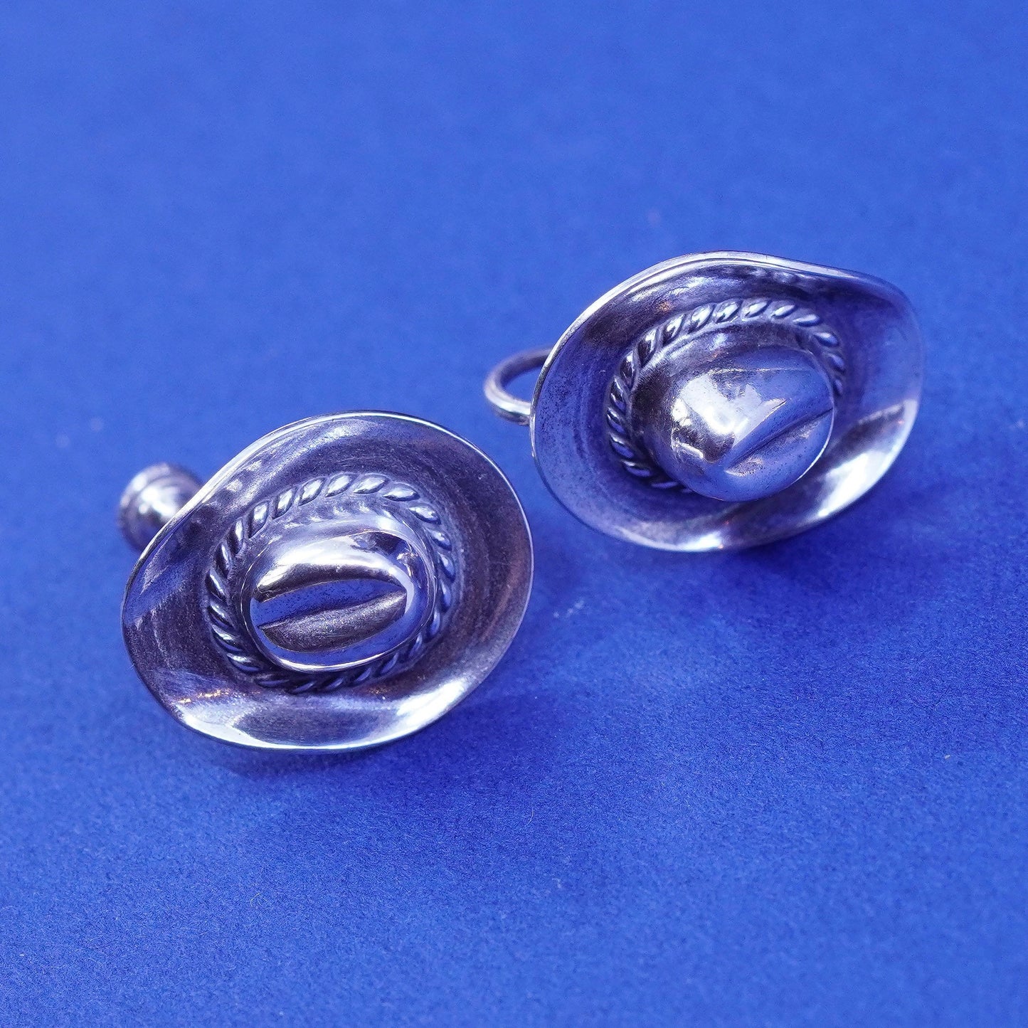 Vintage Sterling silver handmade earrings, 925 screw back cowboy hat